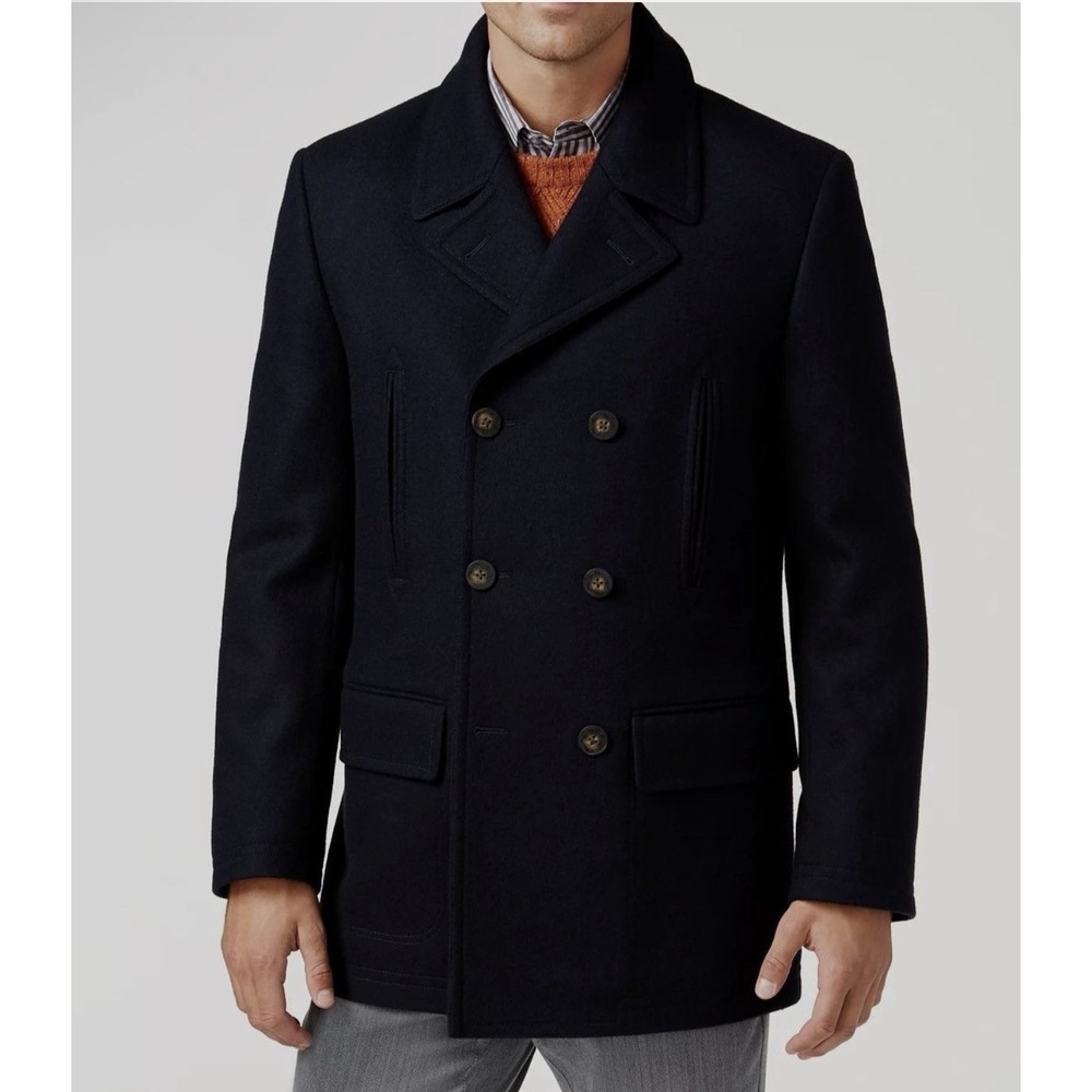 Michael Kors Men's Blue Classic-Fit Double-Breasted Wool Peacoat Jacket Size 46R
